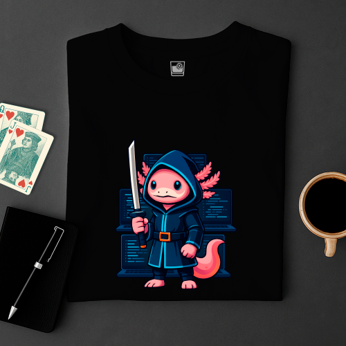 Black t-shirt with a cartoon axolotl character in a blue robe holding a sword, placed on a dark surface with cards and a cup of coffee.