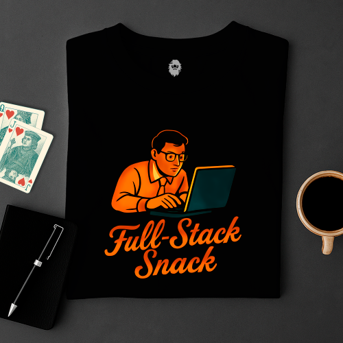 Black t-shirt with 'Full-Stack Snack' design featuring a person on a laptop, surrounded by playing cards and a coffee cup on a dark surface.