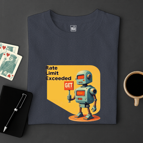 Navy blue t-shirt with a robot graphic and 'Rate Limit Exceeded' text on a dark surface with cards and a cup.