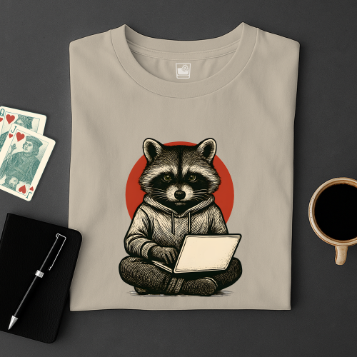 Folded t-shirt with a raccoon design holding a laptop, placed on a dark surface with cards and a cup.