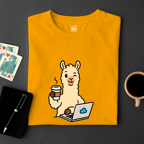 Yellow t-shirt with a cartoon llama holding a coffee cup and using a laptop, placed on a dark surface with cards and a mug.