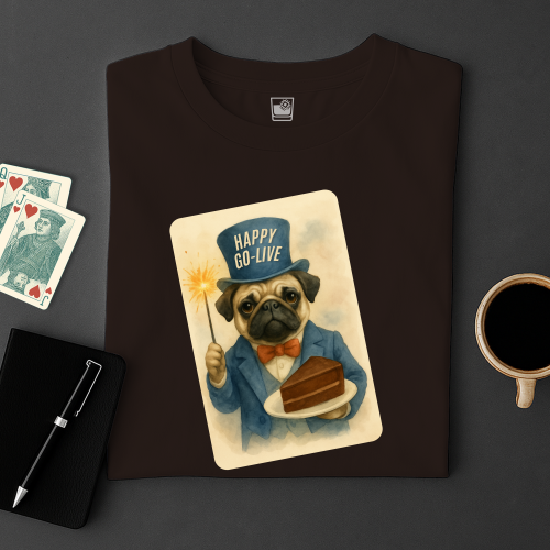 Black t-shirt with a pug illustration holding a cake and a sparkler, surrounded by playing cards and a cup of coffee on a dark surface.