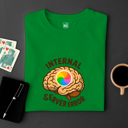 Green t-shirt with brain graphic and 'Internal Server Error' text on a dark surface with cards and a cup.