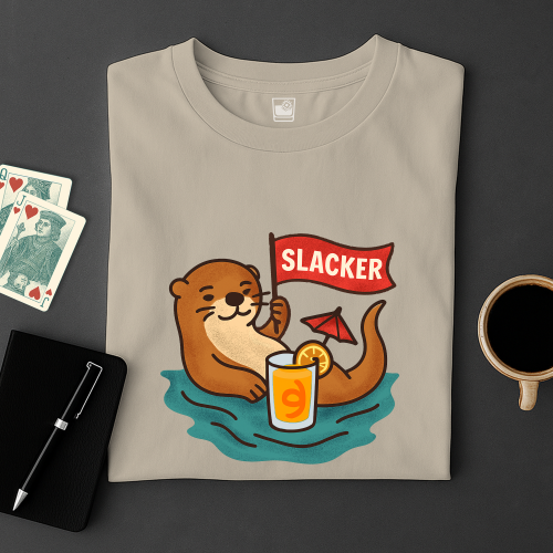 Folded t-shirt with an otter graphic and 'Slacker' banner on a dark surface with cards and a cup.