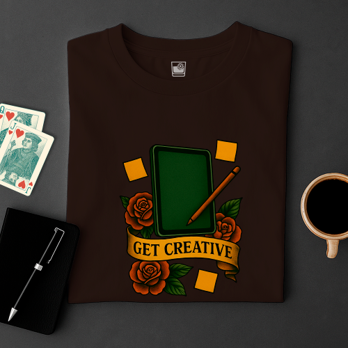 Brown t-shirt with 'Get Creative' design on a dark surface with cards, pen, and coffee cup.
