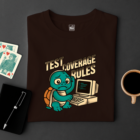 Black t-shirt with a turtle and computer graphic and 'Test Coverage Rules' text, placed on a dark surface with cards and a cup.