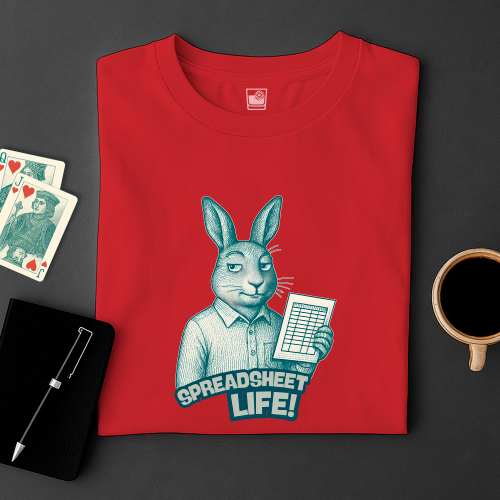 Red t-shirt with a graphic of a rabbit holding a tablet and 'Spreadsheet Life!' text, placed on a dark surface with cards and a cup.