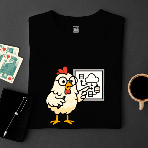 Black t-shirt with a cartoon chicken design on a dark surface with cards and a cup.