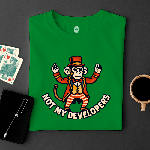 Green t-shirt with a monkey graphic and 'Not My Developers' text on a dark surface with cards and a cup.