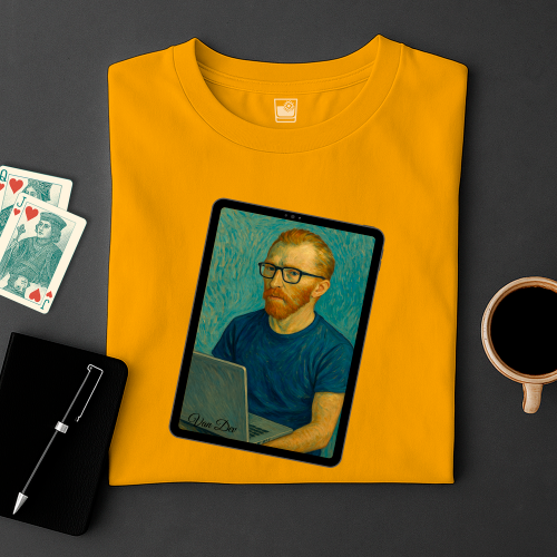 Yellow t-shirt with a graphic of a man using a laptop, placed on a dark surface with playing cards and a coffee cup.