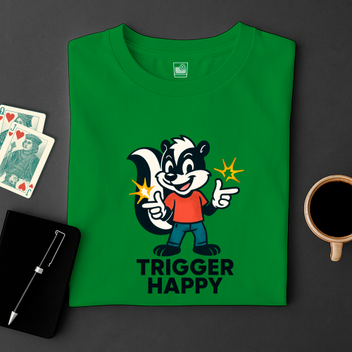 Green t-shirt with cartoon character and 'Trigger Happy' text on a dark surface with cards and a cup.