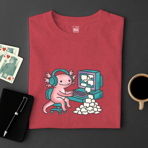 Red t-shirt with axolotl design using a computer, placed on a dark surface with cards and a cup.