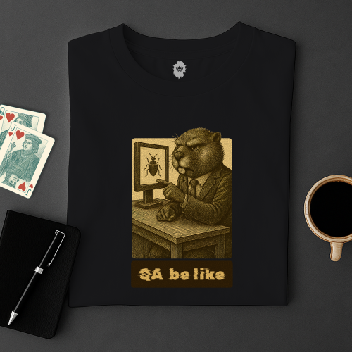 Black t-shirt with a graphic of a beaver looking at a computer screen with a bug on it, next to playing cards and a coffee cup on a dark surface.