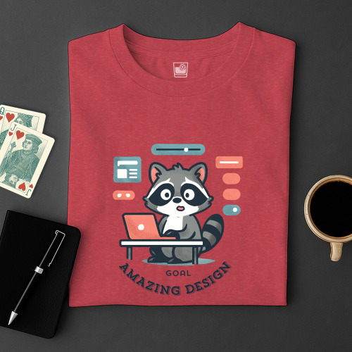 Red t-shirt with a raccoon graphic and text on a dark surface with cards and a cup.