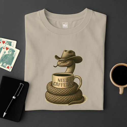 Beige t-shirt with snake design holding a 'NEED CAFFEINE' mug, placed on a dark surface with cards and a cup.