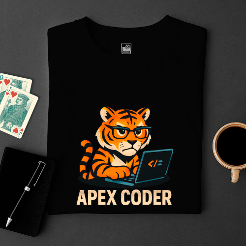 Black t-shirt with a tiger wearing glasses and coding on a laptop, labeled 'APEX CODER', placed on a dark surface with cards and a cup.