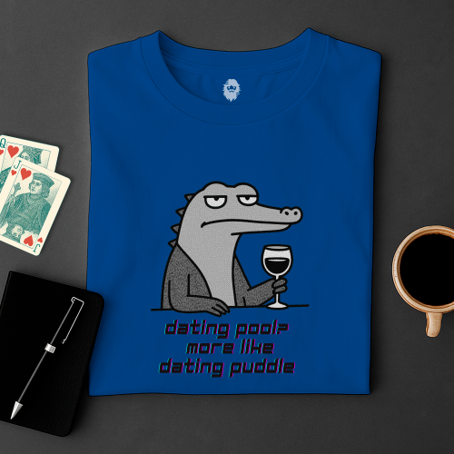 Blue t-shirt with a cartoon alligator holding a glass of wine and text, placed on a dark surface with playing cards and a coffee cup.