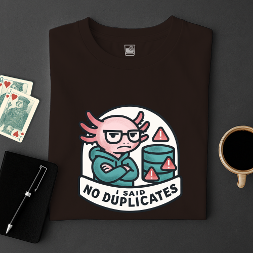 Black t-shirt with a graphic design featuring a character and text 'I said no duplicates' on a dark surface with cards and a cup.