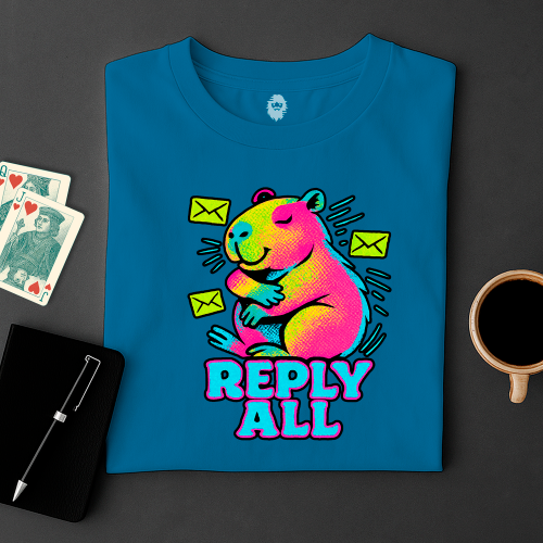 Blue t-shirt with a colorful bear graphic and 'Reply All' text on a dark surface with cards and a cup.