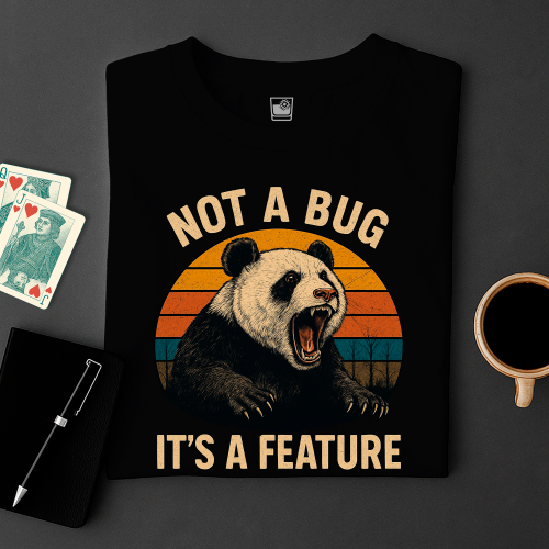 Black t-shirt with a panda graphic and text 'Not a bug, it's a feature' on a dark surface with cards and a cup.