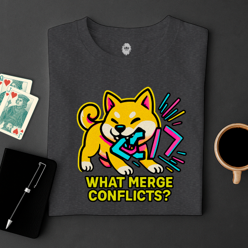 Dark gray t-shirt with a colorful dog graphic and text 'WHAT MERGE CONFLICTS?' on a dark surface with cards and a cup.