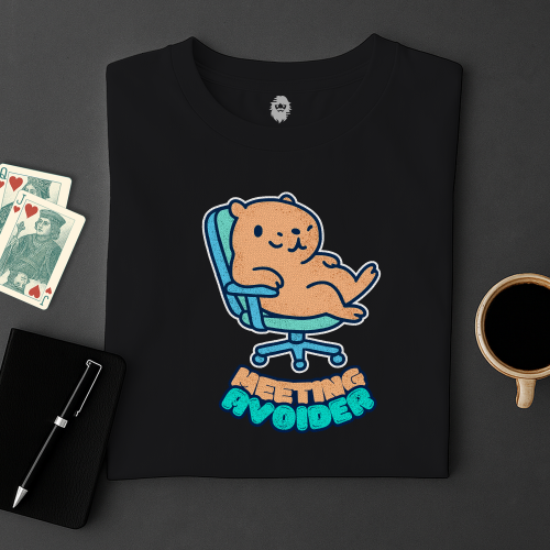 Black t-shirt with a cartoon bear design labeled 'Meeting Avoider' on a dark surface with cards and a cup.