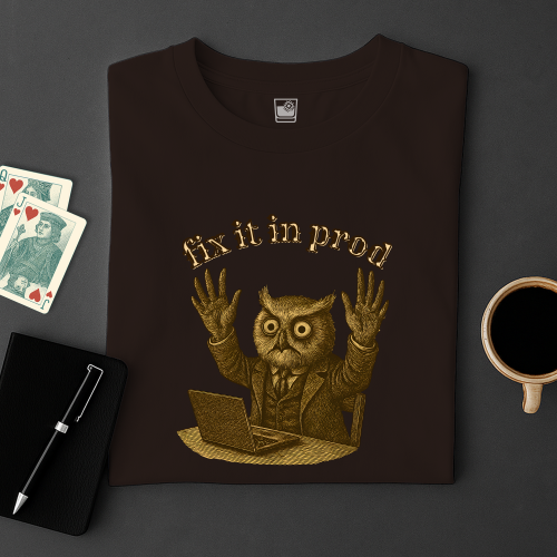 Brown t-shirt with gold owl graphic and text 'Fix it in prod' on a dark surface with cards and a cup.