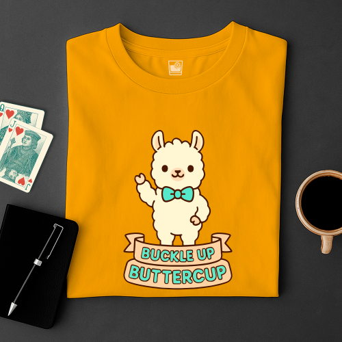 Yellow t-shirt with a cartoon llama and text on a dark surface with cards and a cup.