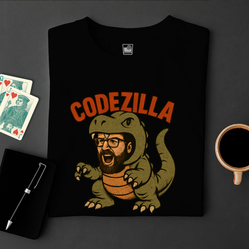 Black t-shirt with 'CODEZILLA' graphic design featuring a dinosaur and a person, placed on a dark surface with cards and a cup.