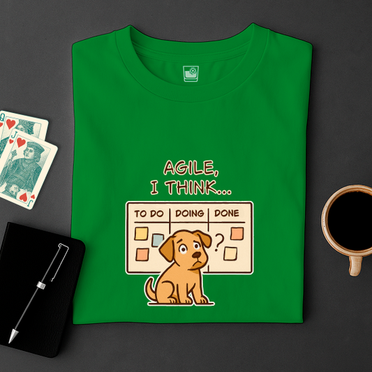 Green t-shirt with a dog illustration and text on a dark surface with cards and a cup.