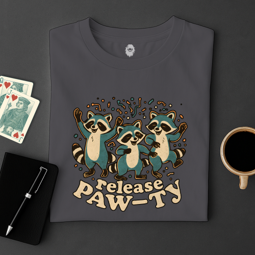 Gray t-shirt with raccoon design and 'release PAW-ty' text on a dark surface with cards and a cup.