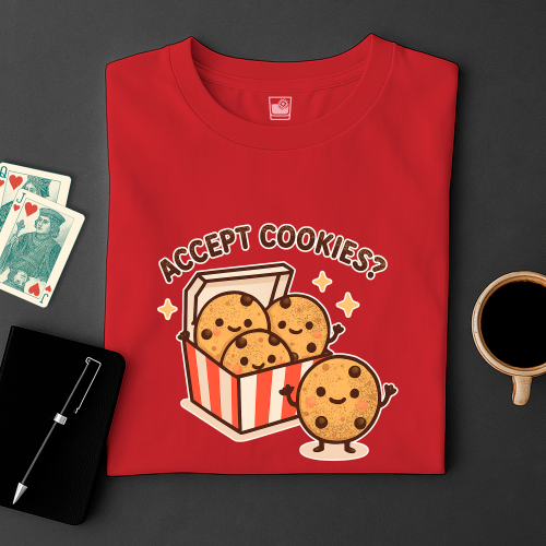 Red t-shirt with cookie graphic and text 'ACCEPT COOKIES?' on a dark surface with cards and a cup.