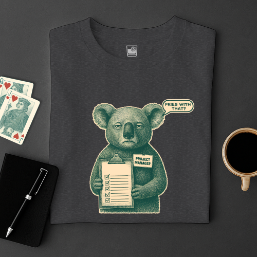 Dark gray t-shirt with a graphic of a bear holding a clipboard and a speech bubble, surrounded by playing cards and a coffee cup on a dark surface.