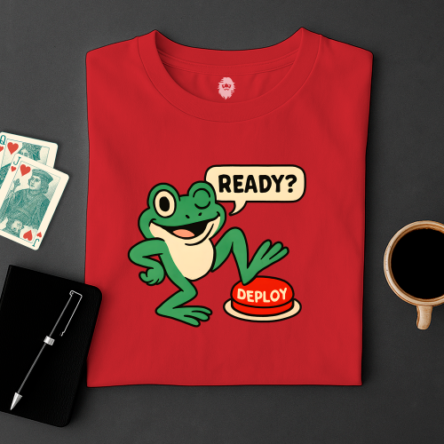 Red t-shirt with a frog graphic and 'READY? DEPLOY' text on a dark surface with cards and a cup.