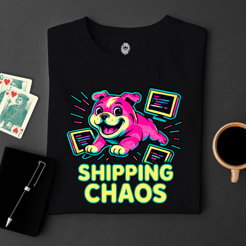 Black t-shirt with colorful dog graphic and 'Shipping Chaos' text on a dark surface with cards and a cup.