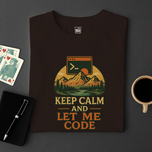 Brown t-shirt with 'Keep Calm and Let Me Code' design on a dark surface with cards and a mug.