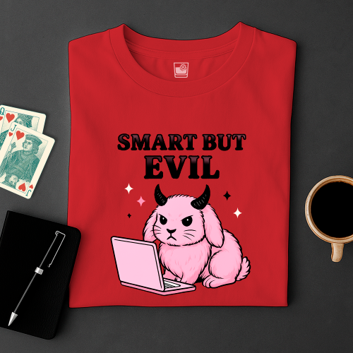 Red t-shirt with a pink rabbit on a laptop and 'Smart But Evil' text, placed on a dark surface with cards and a cup.