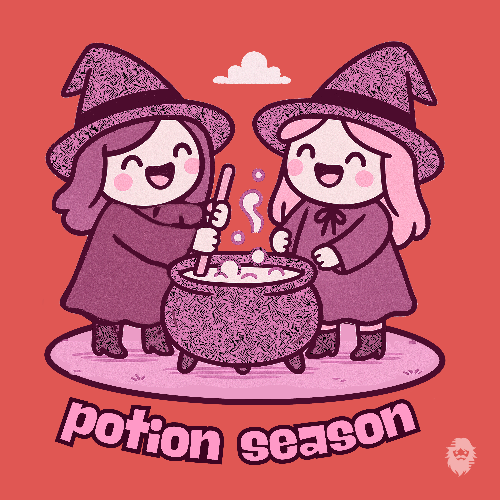 Two cartoon witches in purple outfits and hats stirring a pot with the text 'potion season' on a red background.