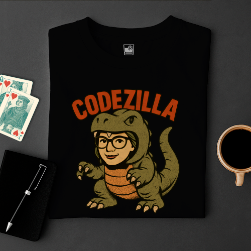 Black t-shirt with 'CODEZILLA' and dinosaur graphic on a dark surface with cards and a cup.