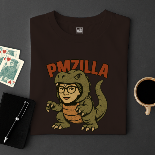 Dark t-shirt with 'PMZILLA' design featuring a dinosaur and person, placed on a dark surface with playing cards and a cup.
