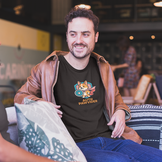 Man wearing a t shirt with an auth super hero auth sitting on a couch