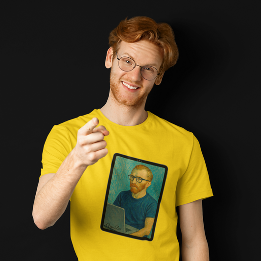 Man wearing a yellow t-shirt with an ipad on it, against a black background