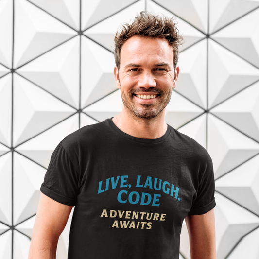 Man wearing a black t-shirt with motivational text against a geometric-patterned wall.
