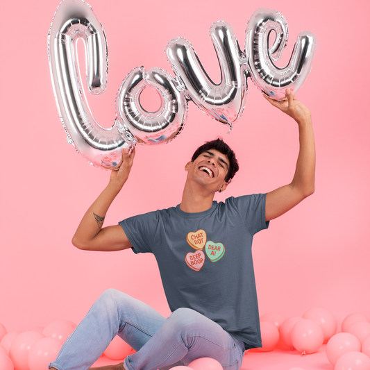 Person holding silver 'LOVE' balloons against a pink background