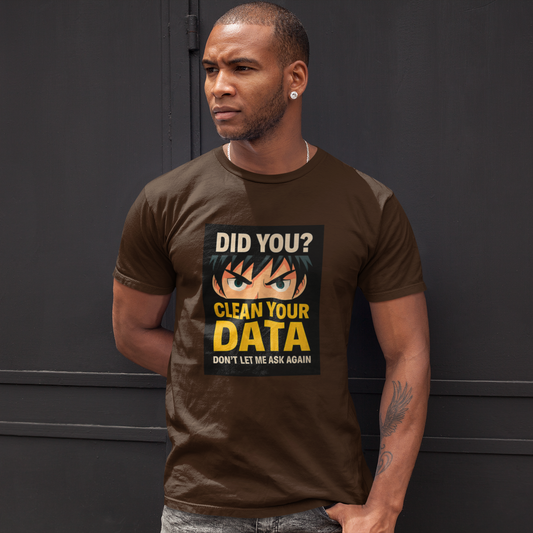 Man wearing a brown t-shirt with a graphic and text against a dark background