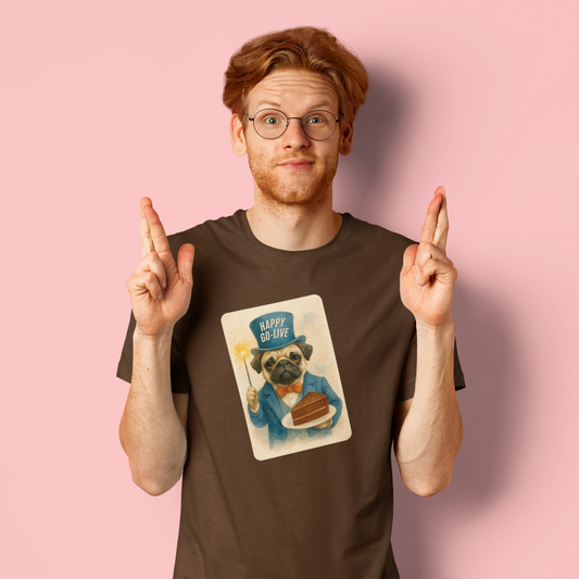 Man wearing a brown t-shirt with a graphic design of a pug and text, against a pink background