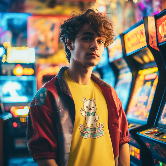 Person wearing a yellow shirt with a lama graphic in an arcade setting
