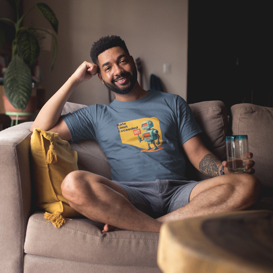 Man sitting on a couch holding a drink, with sneakers on the floor in front of him.