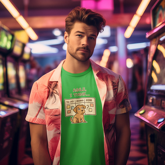 Man wearing a green t-shirt with a graphic design in front of slot machines.