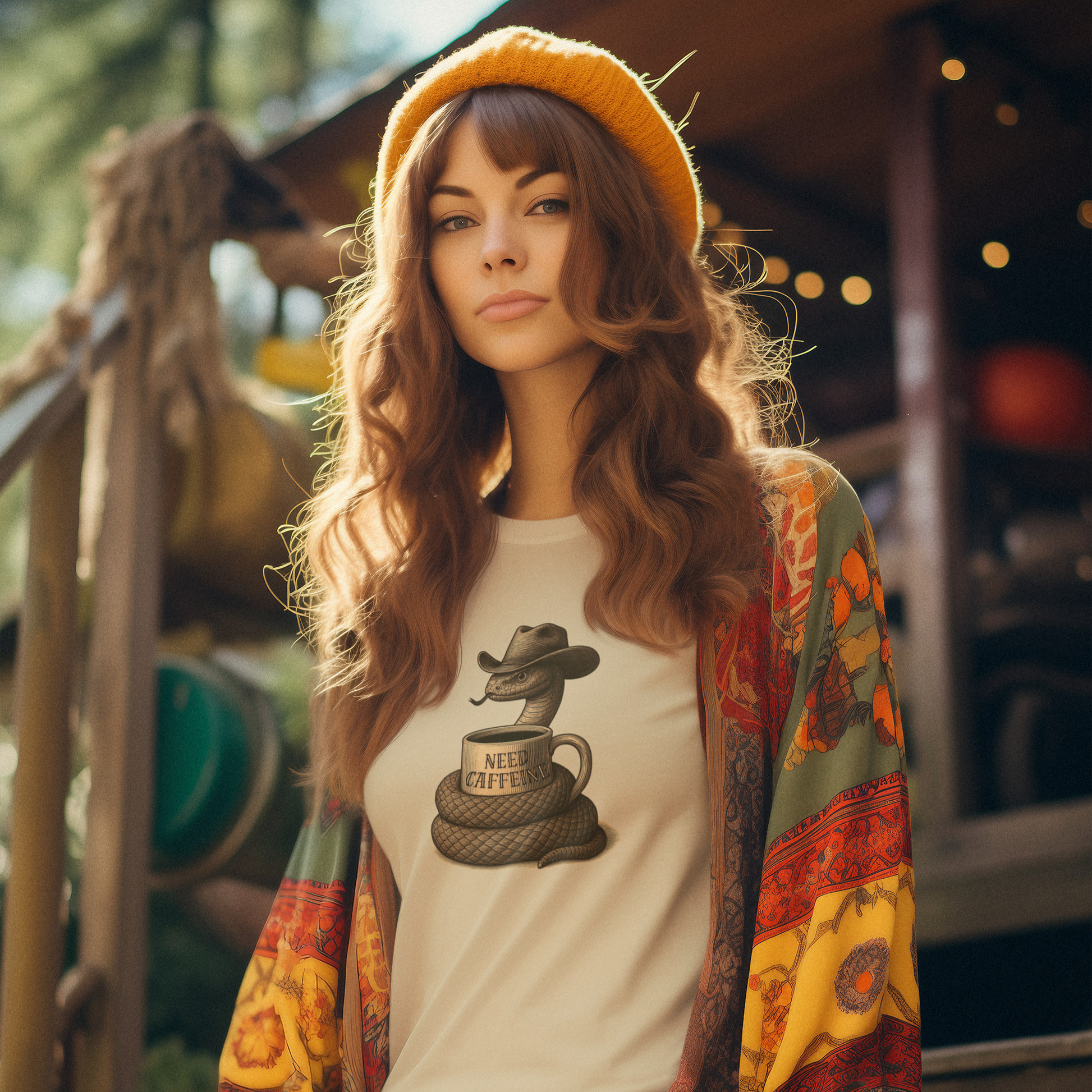 Person wearing a colorful outfit with a graphic t-shirt, sitting outdoors.